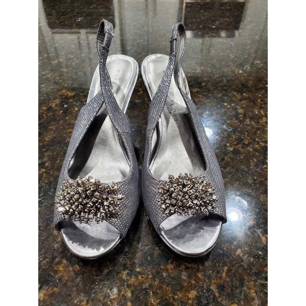 Karen Scott Women's Fabric Upper Gray Slingback Heels Casual Sandals Size 8.5